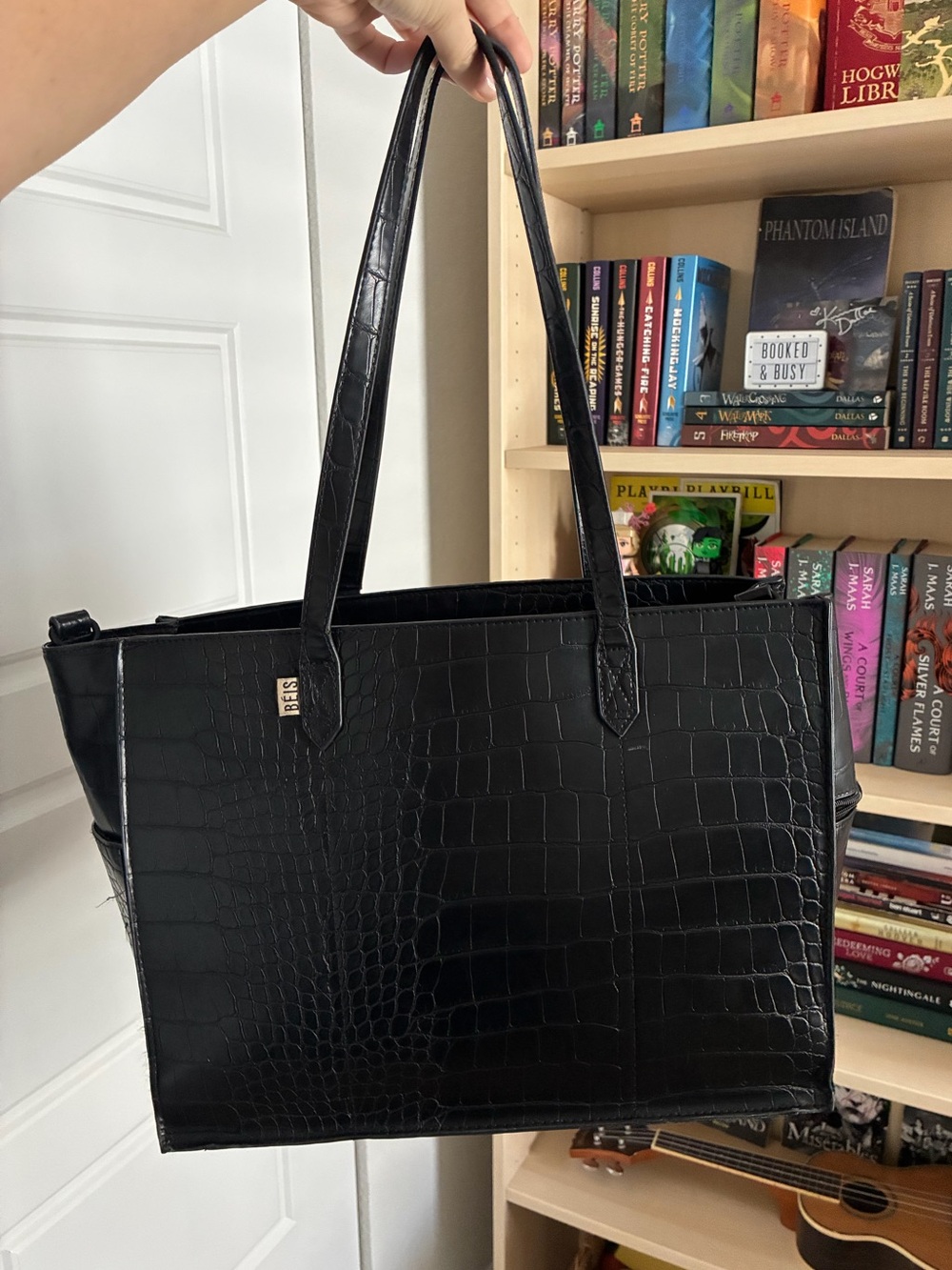 Beis Black Croc-Embossed Tote Bag